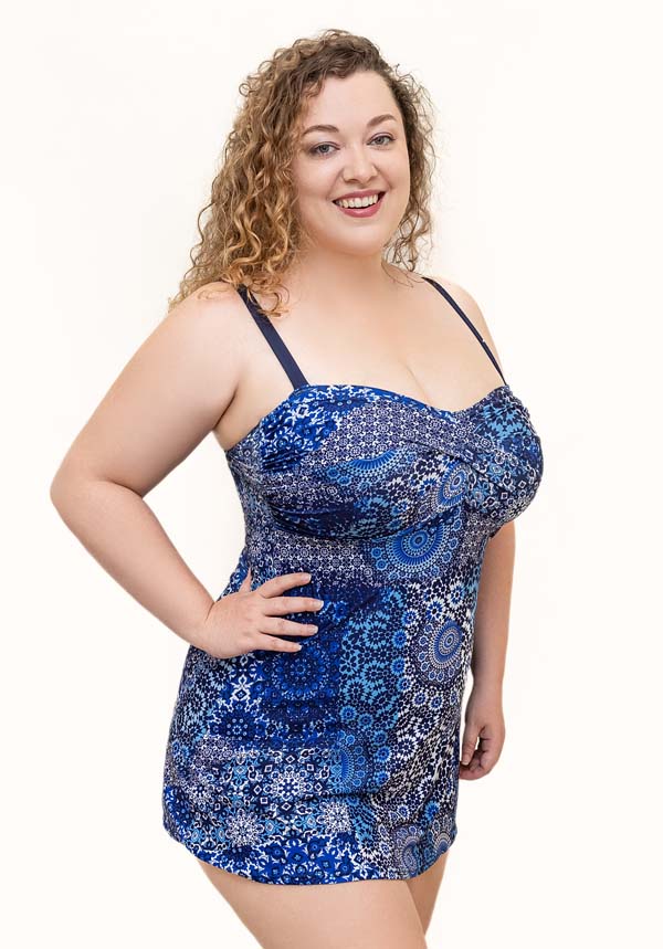 Moroccan Print Twisted Front Plus Size Swimdress with Soft Bra D-E