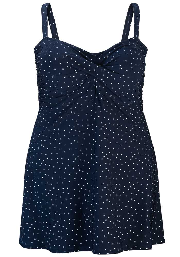 Navy Dotty Twisted Front Swimdress with Wirefree Soft Bra D-E