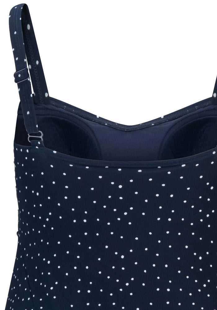 Navy Dotty Twisted Front Swimdress with Wirefree Soft Bra D-E