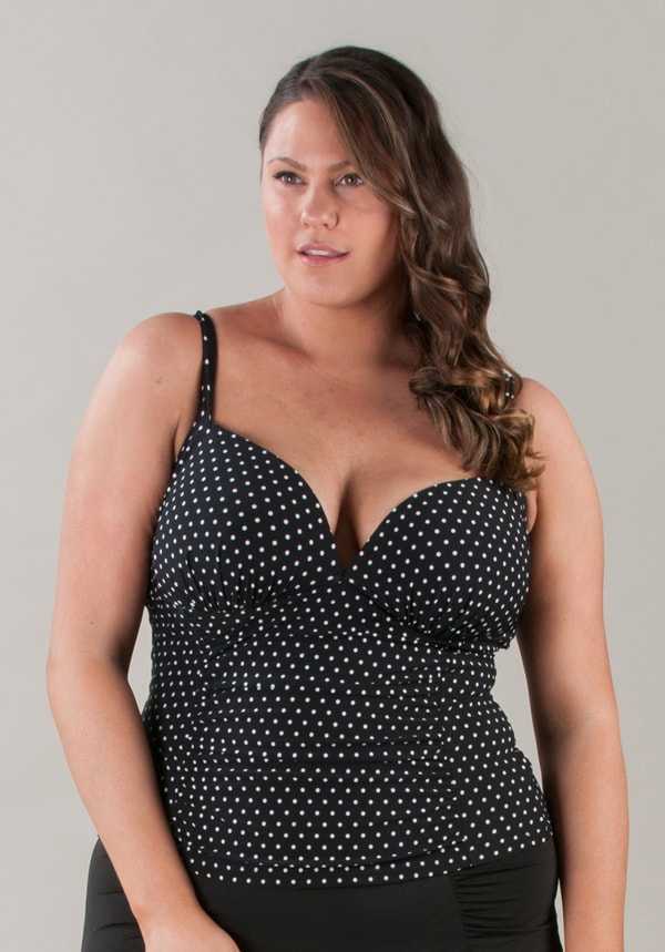Polka Dots Plunge Front Tankini Top D to E