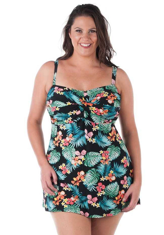 Tropical Twisted Front Swimdress with Padded Bra D-G