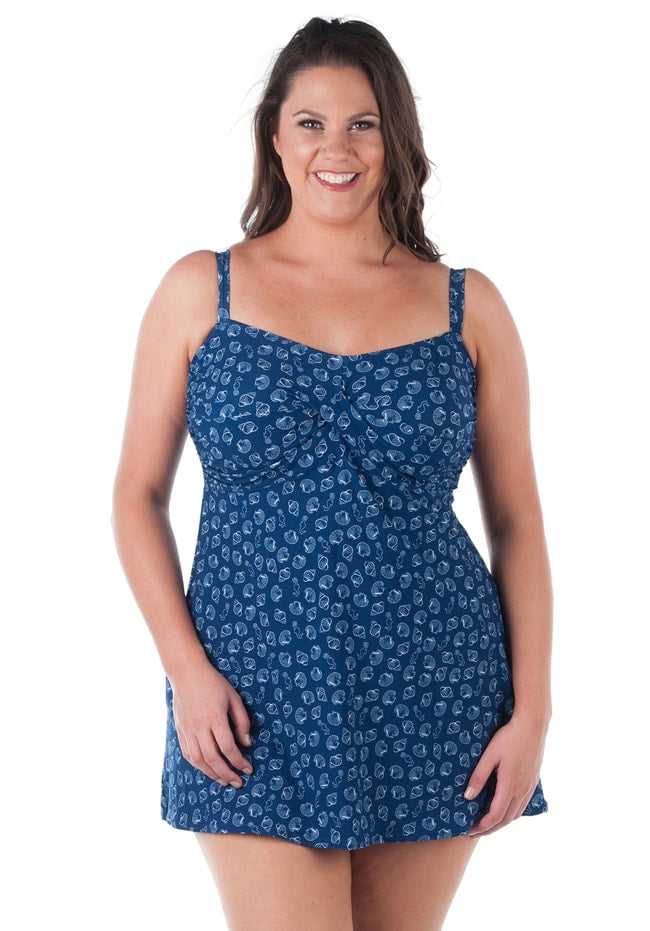 Shell Print Twisted Front Swimdress with Padded Bra C-E