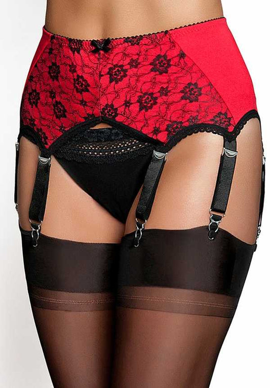 6 Strap Pull On Red Suspender Belt with Contrast Lace