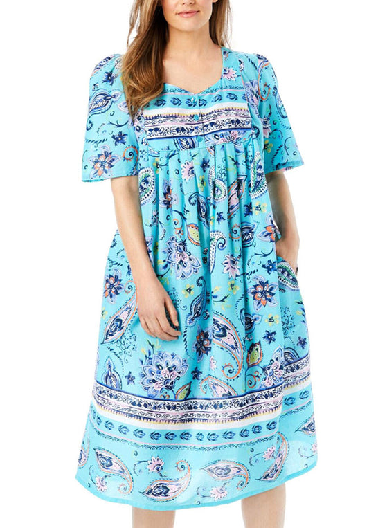 100% Cotton Teal Boho Border Printed Short Lounger Dress